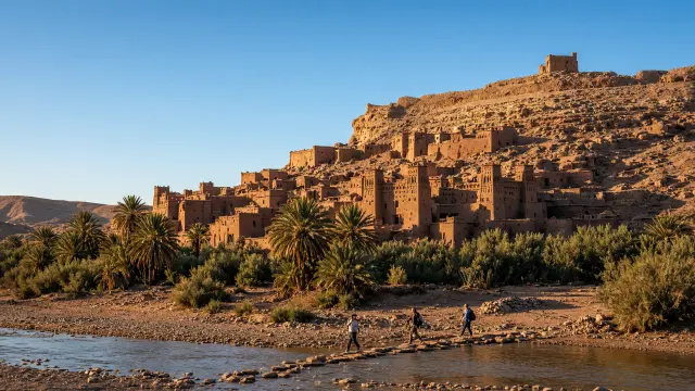 De lemen kasba's van Aït Ben Haddou op een heuvel, met wandelaars bij de rivier