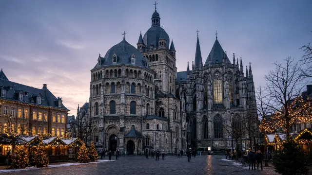 De Dom van Aken bij valavond in de winter