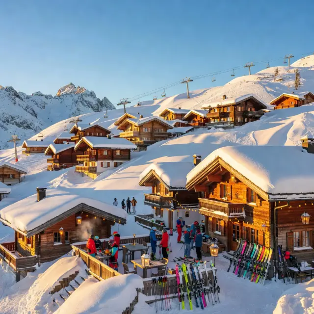 Het levendige skiresort Alpe d'Huez met kleurrijke chalets op 1860 meter hoogte omringd door besneeuwde pistes en bergtoppen