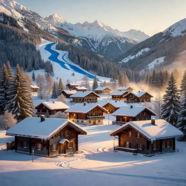 Winters uitzicht op Oz-en-Oisans in Alpe d'Huez met bosrijke omgeving en brede pistes voor beginners