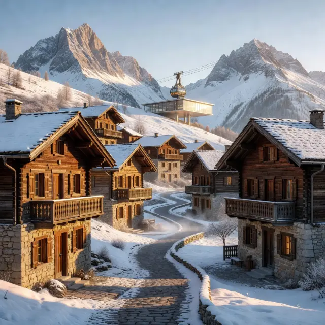 Authentiek bergdorp Vaujany in Alpe d'Huez met traditionele chalets en sneeuwbedekte bergtoppen op de achtergrond