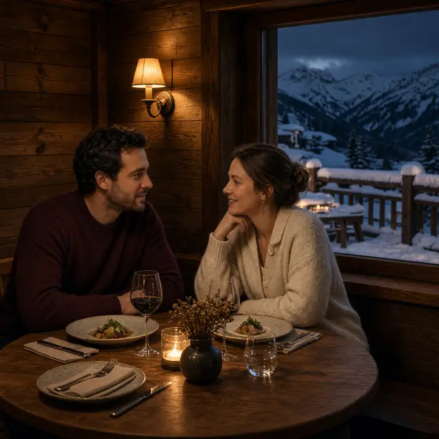 Skiërs bij het dalstation van een gondel in een besneeuwd bergdorp met houten chalets