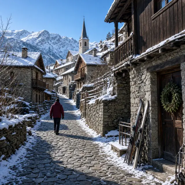 Skiërs bij de liften van Arabba met besneeuwde Dolomietentoppen en Ladinische berghuizen op de achtergrond