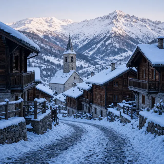 Rustig skidorp Malga Ciapela aan de voet van de Marmolada met sneeuw en Dolomietentoppen, vlak bij Arabba