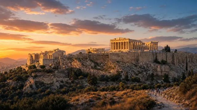 De Akropolis met het Parthenon bij zonsondergang in Athene