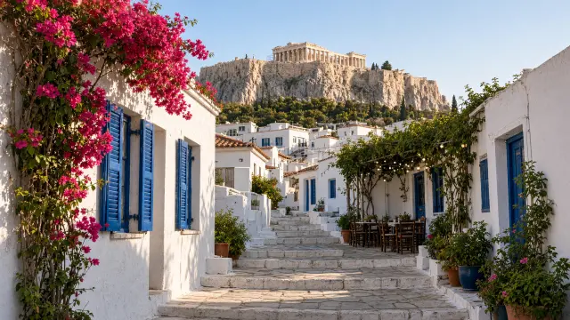 Smalle witte straatjes met blauwe luiken in de Plaka in Athene