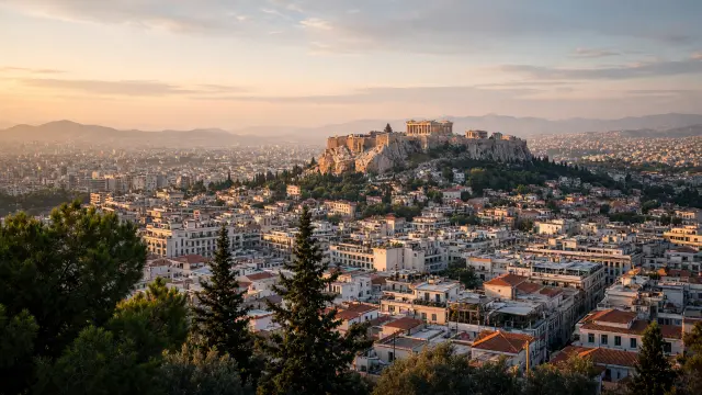Uitzicht over de daken van Athene bij zonsondergang met de Akropolis in de verte