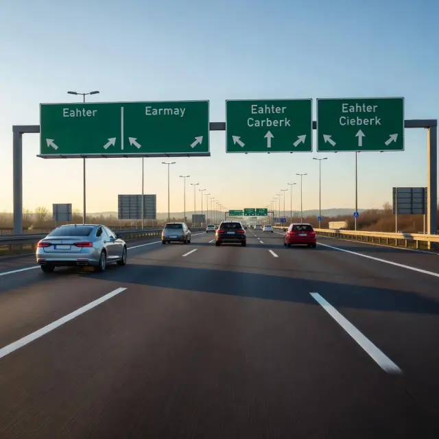 Auto rijdt over snelweg richting luchthaven Weeze met bewegwijzering en groene landschap, illustratie van eenvoudige bereikbaarheid vanaf België