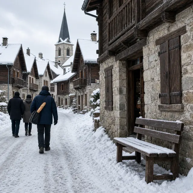 Rustig Frans bergdorp met houten chalets en besneeuwde dennen in Avoriaz en omgeving bij zonsondergang