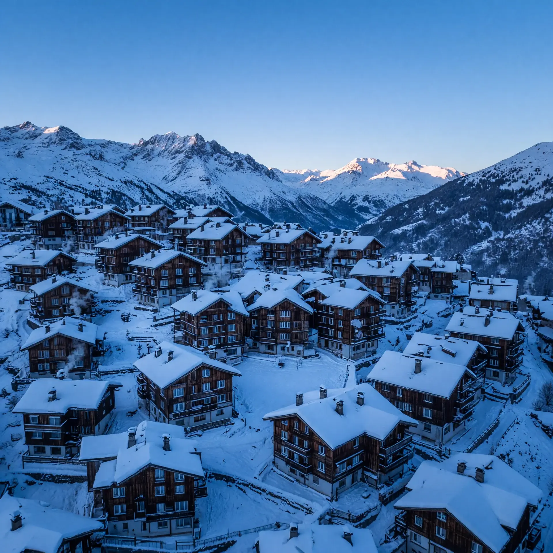 Het hooggelegen skistation Avoriaz in de Franse Alpen