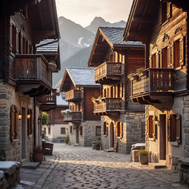 Het authentieke dorpscentrum van Morzine met traditionele Savoyaanse chalets en skiërs op de terrassen van après-ski bars in Les Portes du Soleil