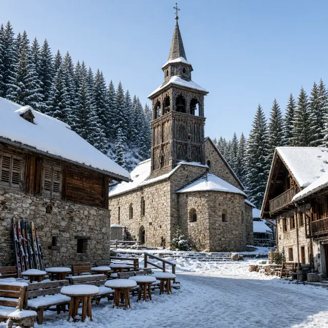 Het authentieke dorpscentrum van Morzine met traditionele Savoyaanse chalets en skiërs op de terrassen van après-ski bars in Les Portes du Soleil