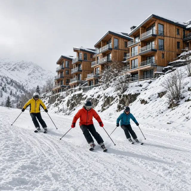 Autovrij skidorp Avoriaz met houten gevels en skiërs die rechtstreeks vanaf het appartement de piste opgaan