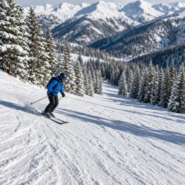 skiërs dalen af over brede pistes in het grensoverschrijdende skigebied rond Avoriaz met bergtoppen op de achtergrond
