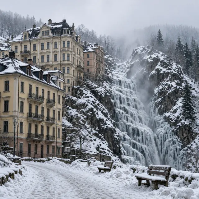 Bad Gastein met de waterval midden in het dorp en belle-époque gevels onder een besneeuwde bergflank