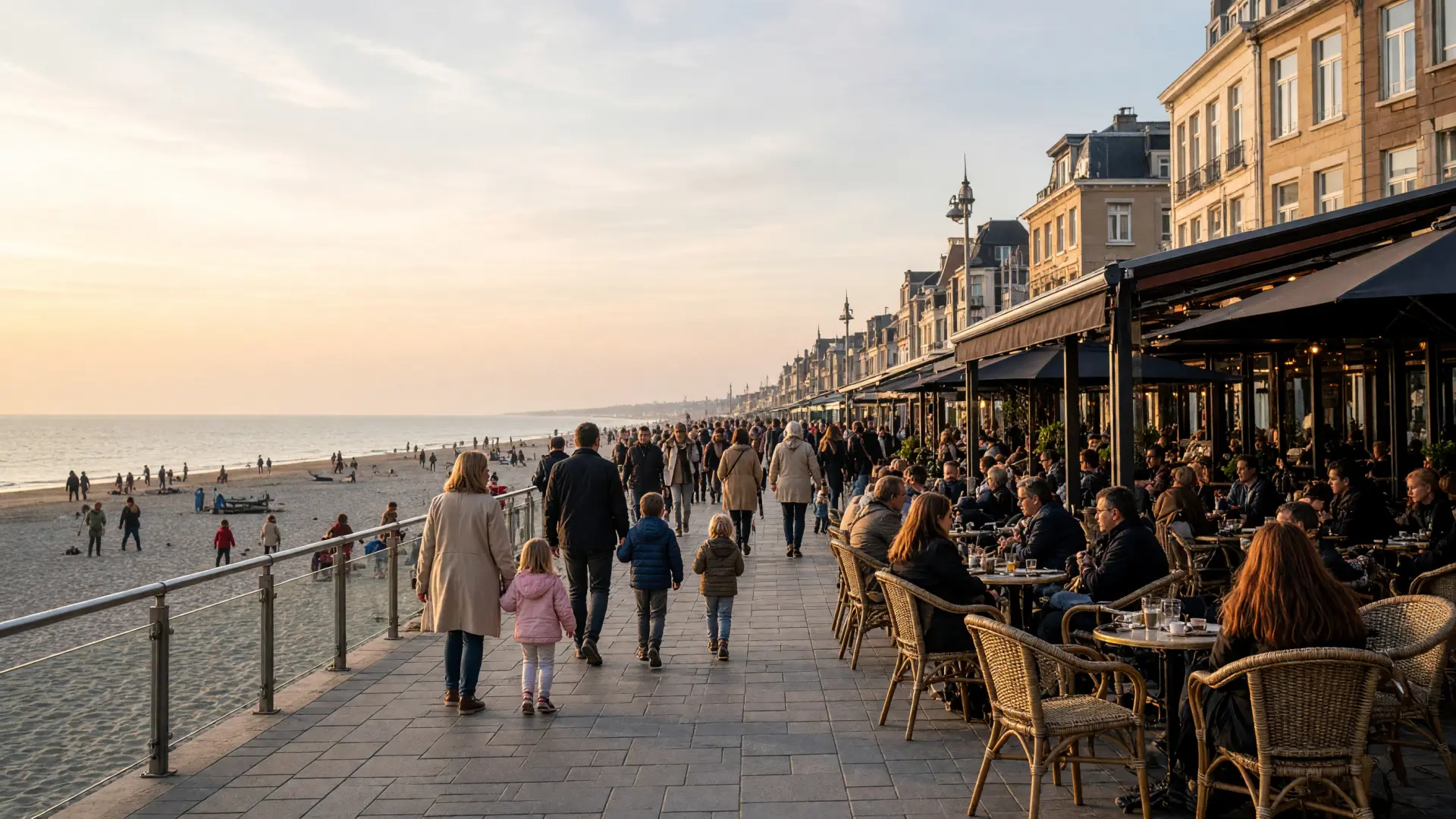 Terrassen op de zeedijk van een badplaats