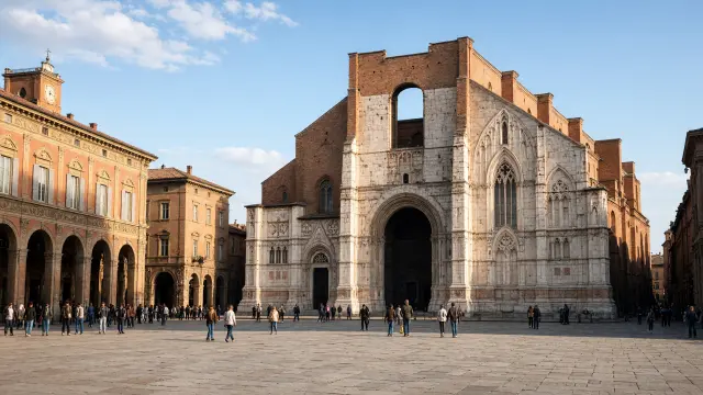 Het plein Piazza Maggiore in Bologna met de gevel van de basiliek van San Petronio