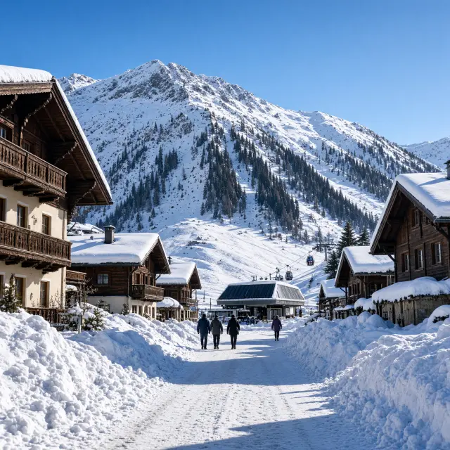 Gezellig Tirools dorpscentrum met houten chalets en besneeuwde bergtoppen op de achtergrond bij zonsondergang