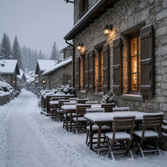 Dorpsplein van Canazei met kleurrijke Dolomietenhuizen en besneeuwde bergtoppen op de achtergrond in de Val di Fassa