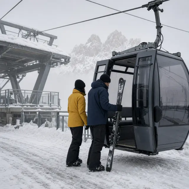 Skiërs dalen af op een zonnige piste onder de grillige Dolomietentoppen bij de Col Rodella in Campitello di Fassa