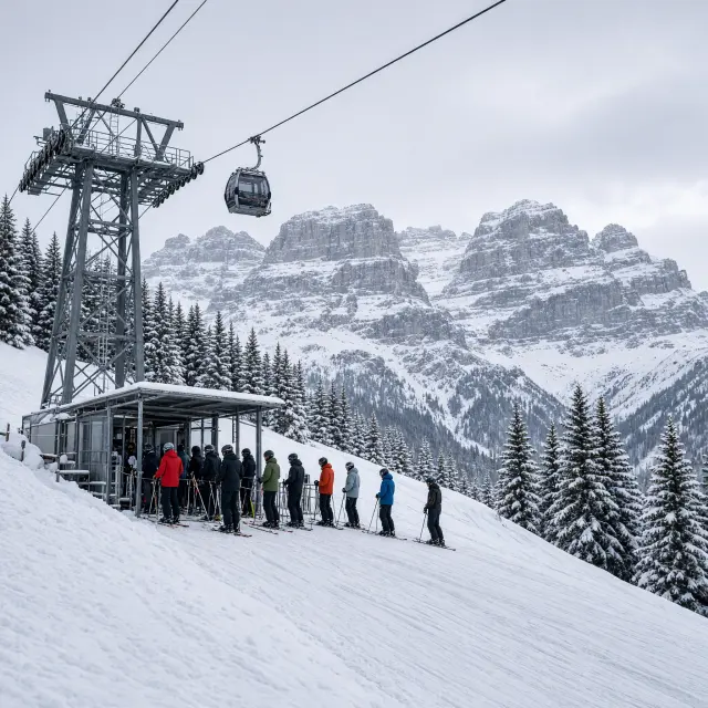 Skiërs dalen af op een zonnige piste met de grillige Dolomietentoppen van de Sella-groep op de achtergrond
