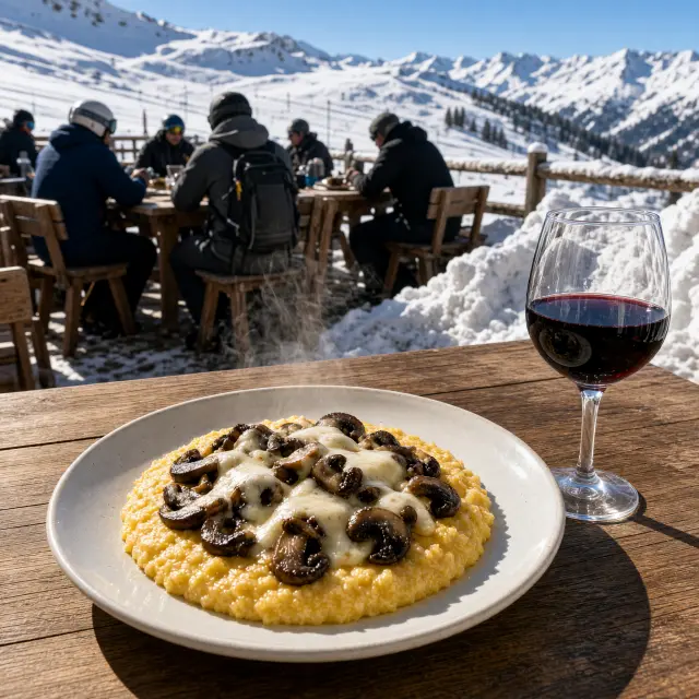 Gezellige houten berghut in de Dolomieten met terras, skiërs en een dampend bord polenta in de zon bij Canazei