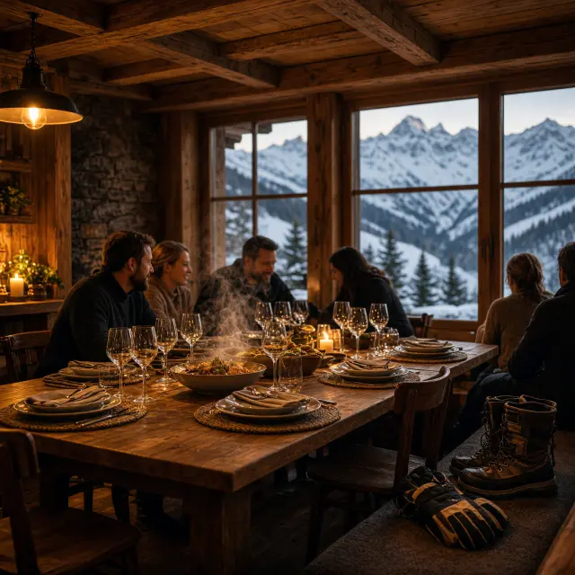 Gezellig houten chalet in de sneeuw met een grote tafel en bergzicht in Tirol