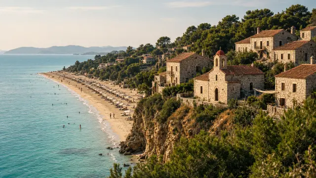 Stenen huizen en een kerkje op een klif boven een lang zandstrand in Afytos op Kassandra, Chalkidiki