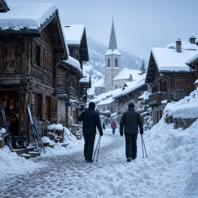 Houten chalets en een kerktoren in een besneeuwd Savoyaards bergdorp met pistes op de achtergrond bij Châtel