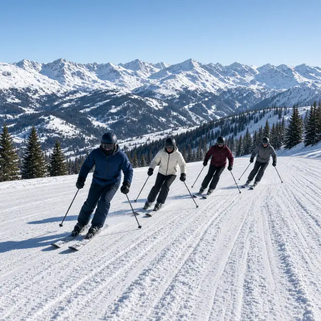 Skiërs dalen af over brede pistes met bergpanorama in het grensoverschrijdende skigebied van Châtel en de Portes du Soleil