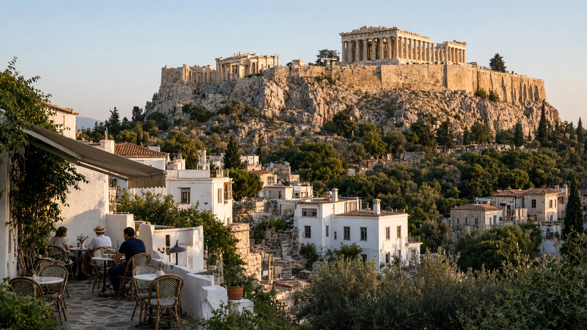 De Akropolis met het Parthenon boven de wijk Plaka in Athene
