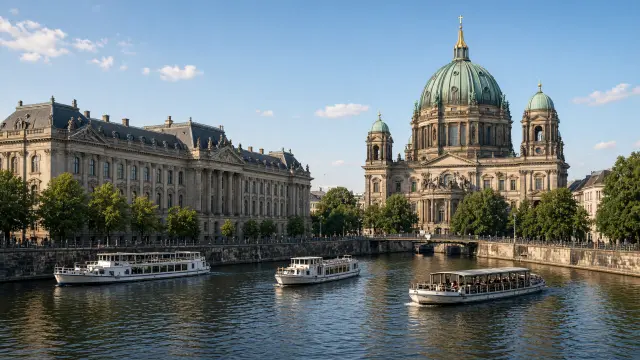 De Museumsinsel in Berlijn met de koepel van de Dom aan de Spree