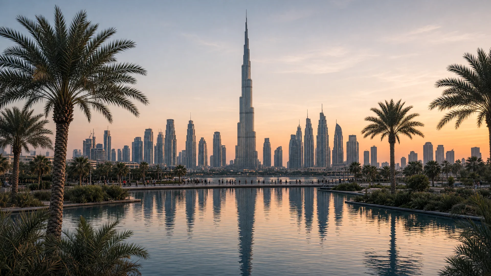 De skyline van Dubai met de Burj Khalifa bij zonsondergang