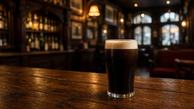 Een pint stout op een houten bar in een Dublinse pub