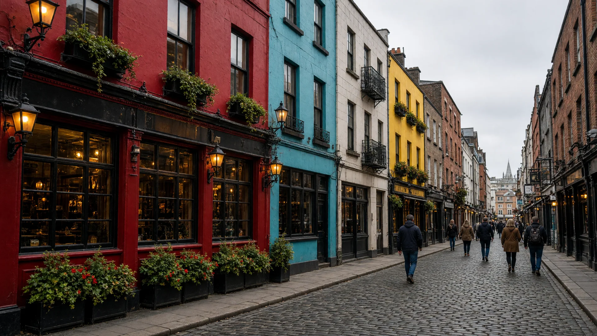 Grachten met smalle grachtenpanden en fietsen op een brug in Dublin