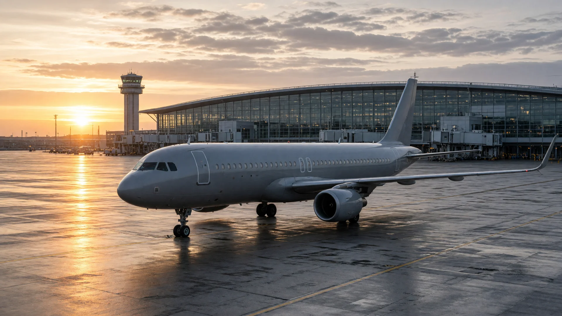 Vliegtuig op een luchthaven bij zonsopgang