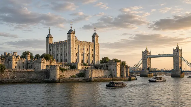 De White Tower van de Tower of London met de Tower Bridge