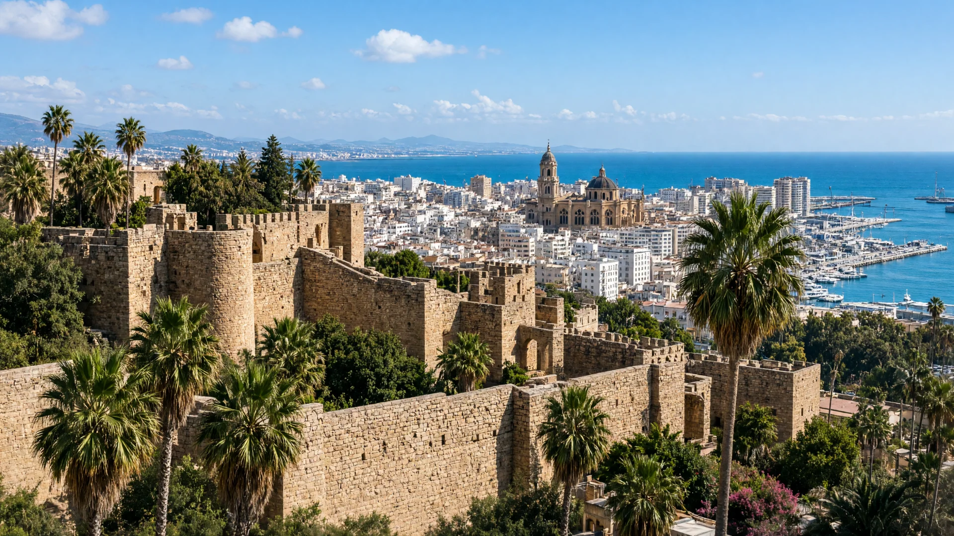 De Alcazaba met palmbomen boven de stad en de haven van Málaga