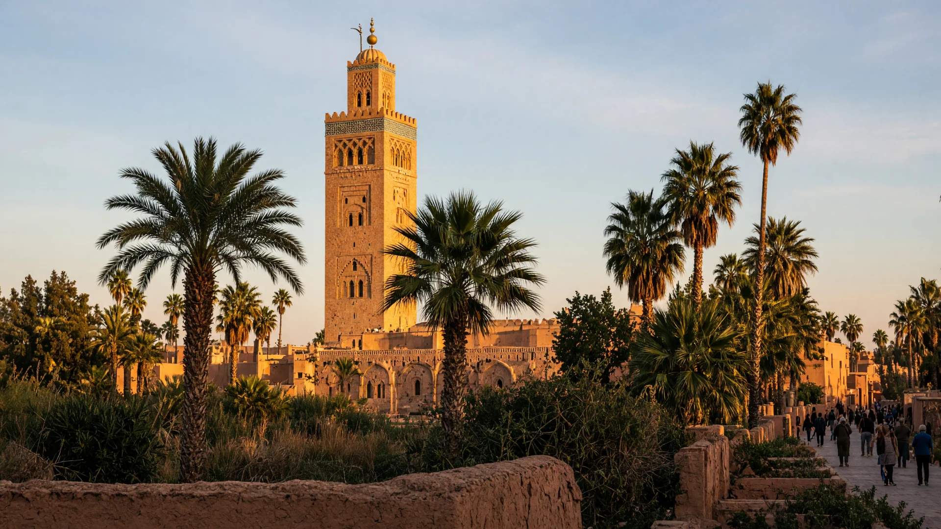 De minaret van de Koutoubiamoskee tussen palmbomen in Marrakech