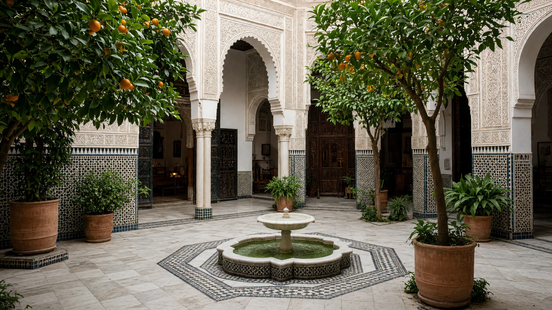 Binnenplaats van een riad met fontein en sinaasappelbomen in Marrakech