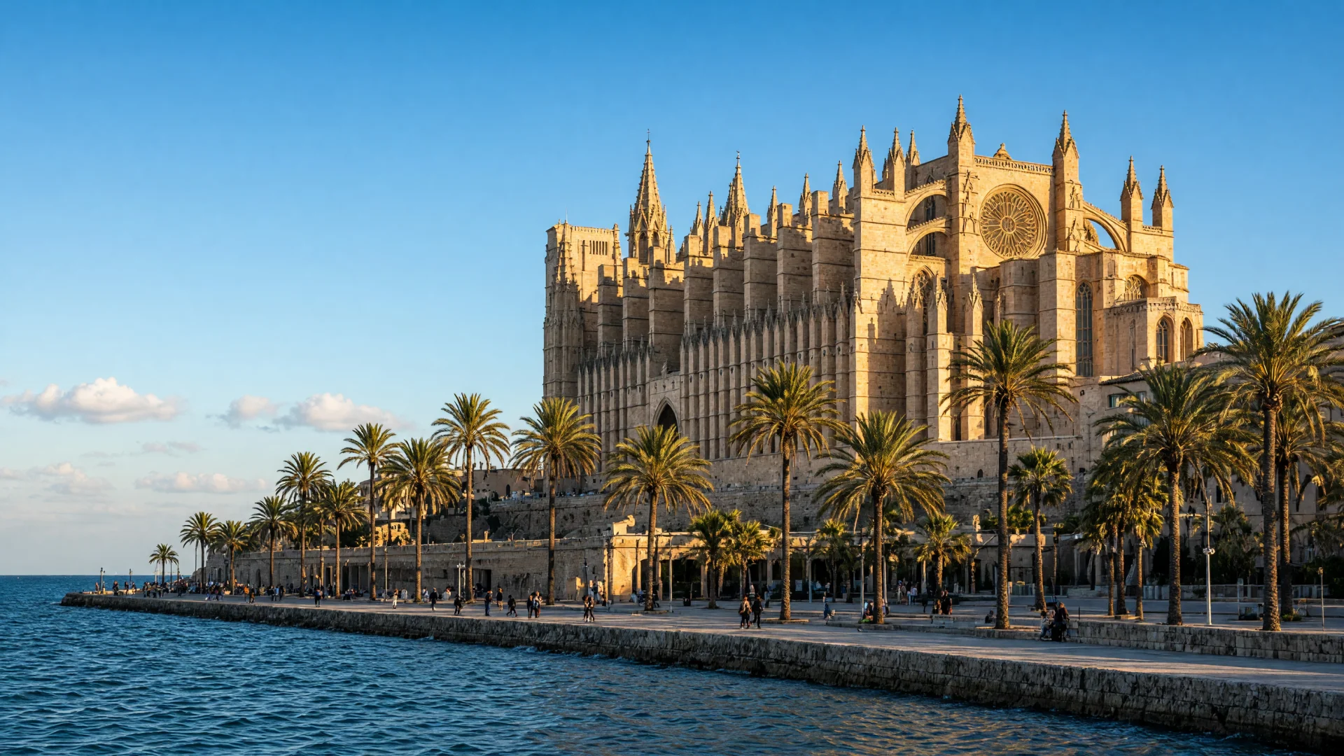 De kathedraal La Seu boven de boulevard van Palma de Mallorca