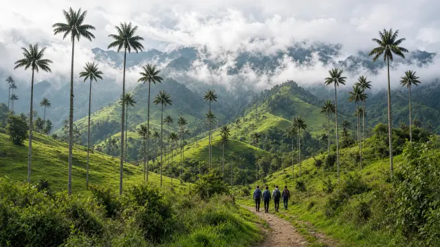 Wandelaars op een pad tussen de reuzenwaspalmen van de Cocora-vallei in de koffieregio van Colombia