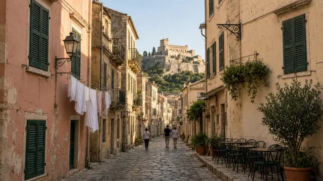 Smal straatje met pastelkleurige gevels, groene luiken en een terrasje in de oude stad van Corfu