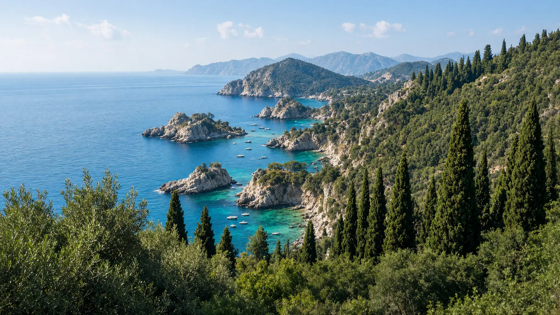 Baaien van Paleokastritsa op Corfu met cipressen en turquoise water