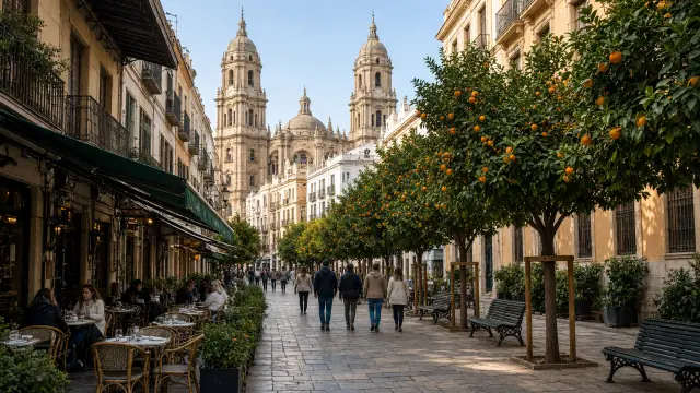 Voetgangersstraat met terrasjes en de kathedraal in het centrum van Málaga