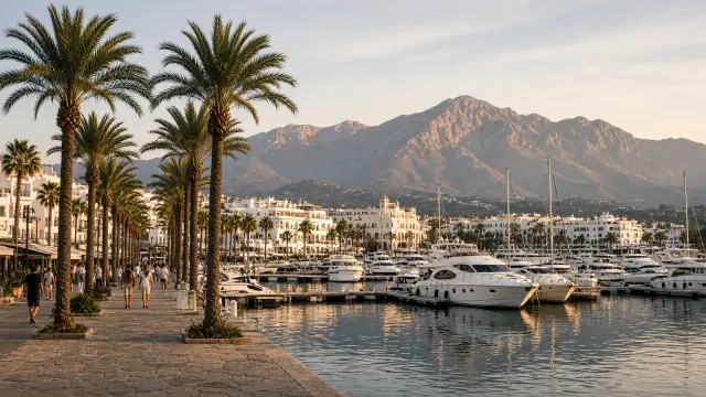 Witte jachten in de haven van Marbella met de bergen op de achtergrond