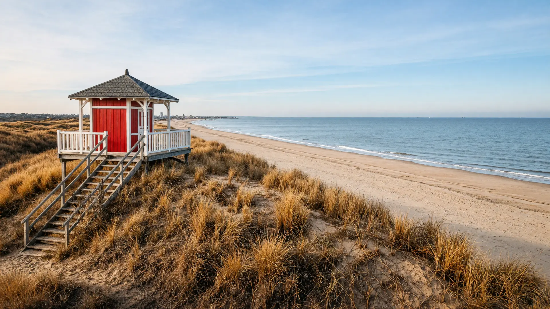Rood-wit uitkijkpaviljoen op een hoog duin
