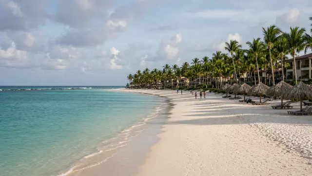 Lang wit strand van Bávaro met palmbomen en strandhotels bij Punta Cana