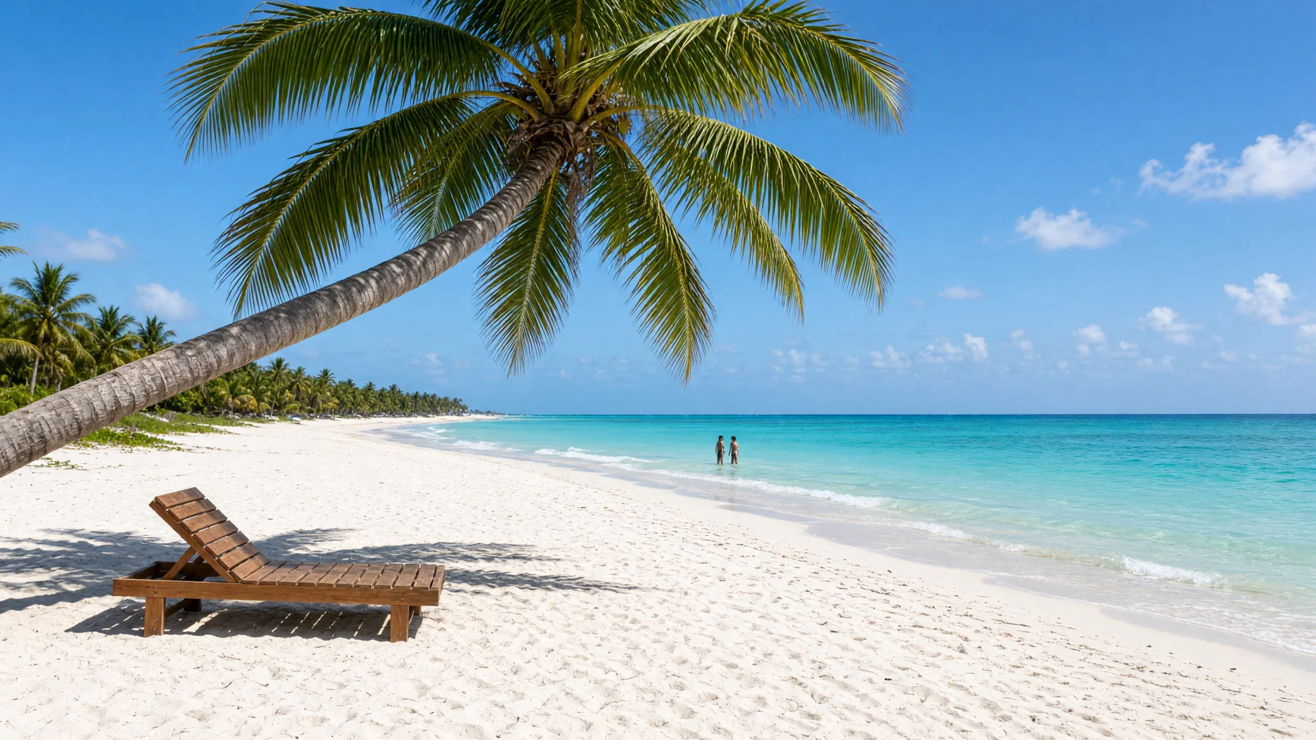 Wit zandstrand met een schuine palmboom en turquoise water in Punta Cana