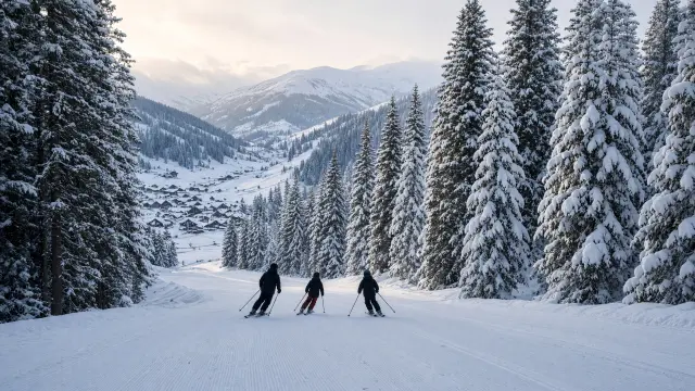 Rustige bospiste tussen besneeuwde sparren bij Doucy-Combelouvière met een skiënd gezin